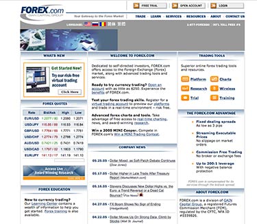 Forex.com website år 2005