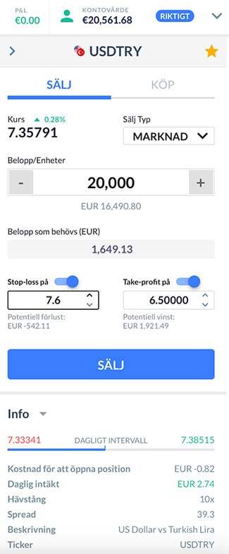 USD/TRY - sälj exempel hos Skilling